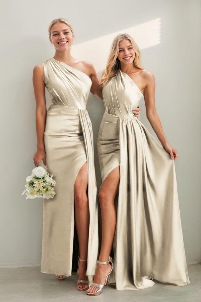 One Shoulder Satin Sheath Bridesmaid Dress with Split CB0808 - Champagne - COCOMELODY